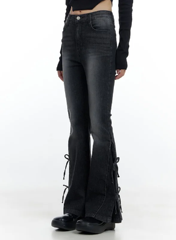 Eye-catching Personality Flora Ribbon Washed Bootcut Jeans CS420