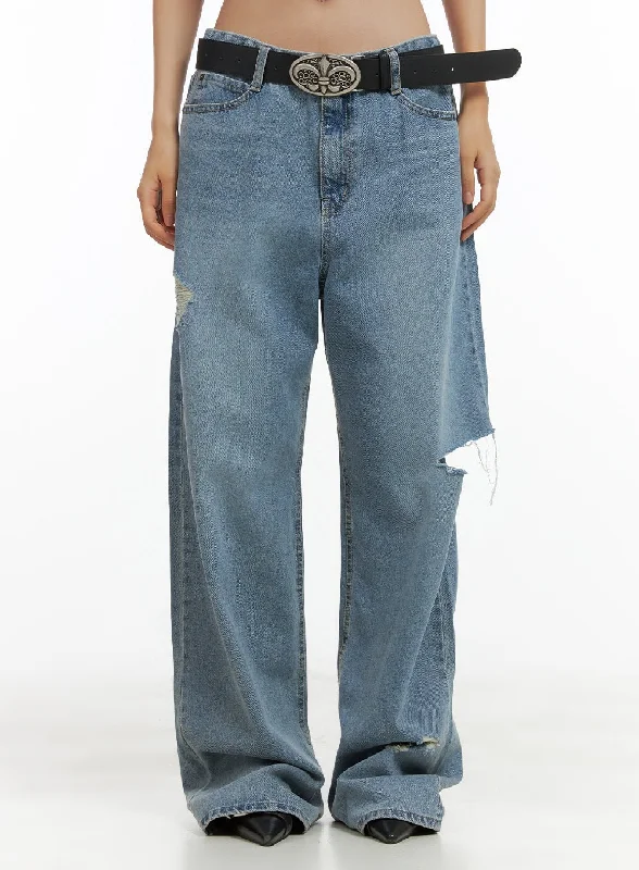 Unique Design Distressed Cut-Out Wide Leg Jeans CL417
