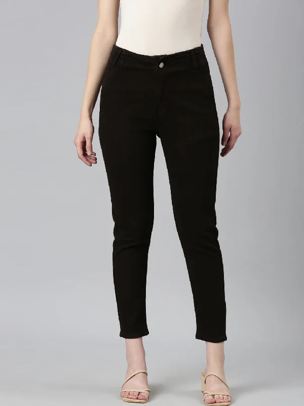 Avant-garde trend Women Coffee Brown Solid Slim Fit Denim Jeans