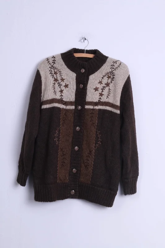 Fresh And Natural Affections Womens M/L Cardigan Jacket Brown Wool Blended Shoulder Pads Retro Sweater