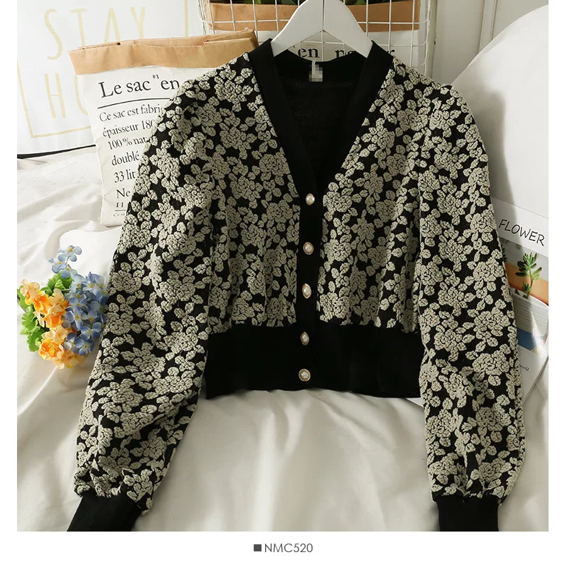 Fashion Trend Printed single breasted sweater women's V-neck slim long sleeved sweater  1877