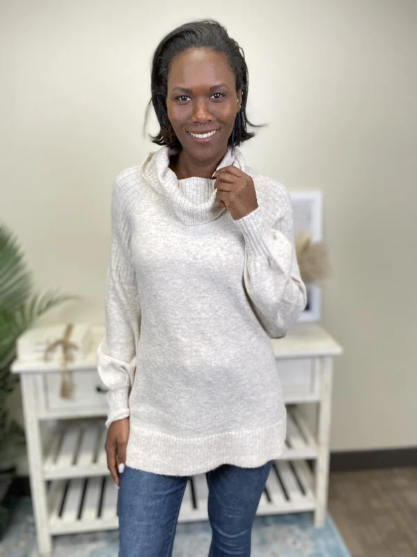 High Street Design Road Trip Women's Cowl Neck Puff Sleeve Sweater