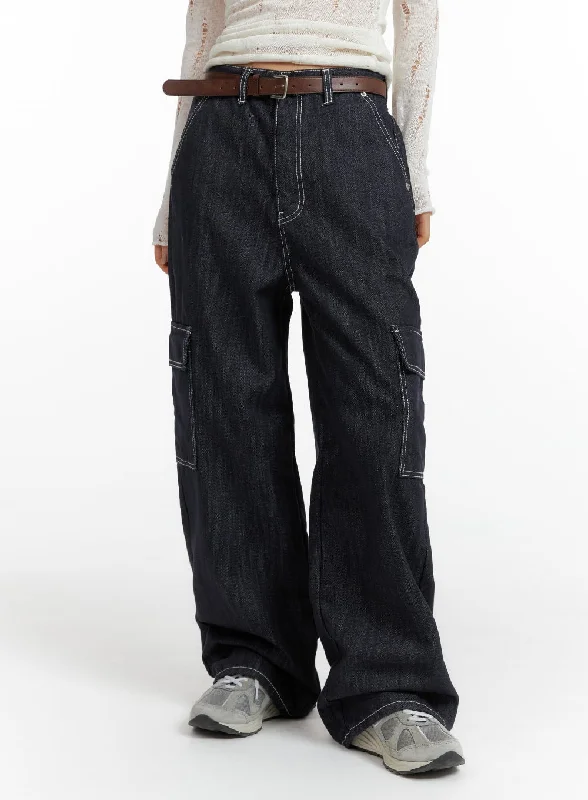 Slim Fit Solid Baggy Cargo Jeans CF416