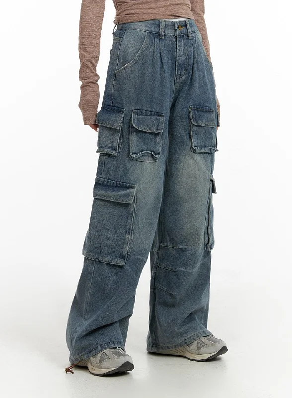 Comfortable And Simple High Waist Pocket Cargo Straight Leg Jeans CF416