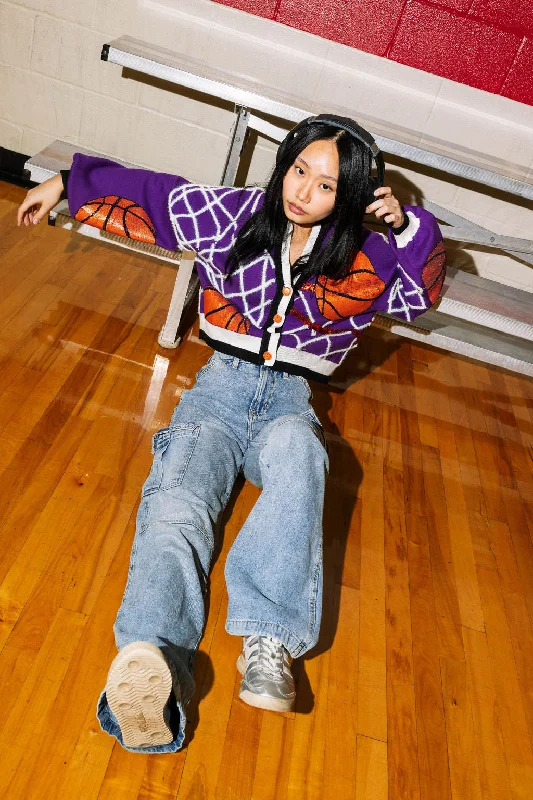 Sports Casual Style Purple Basketball Net Button Up Cardigan