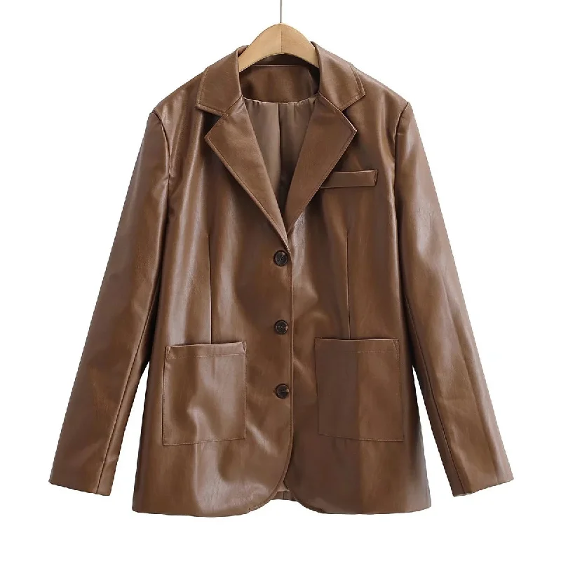 Soft And Comfortable Temperament Commuting Light Cooked Wind Big Pocket Faux Leather Suit Jacket Soft And Comfortable Temperament Commuting Light Cooked Wind Big Pocket Faux Leather Suit Jacket