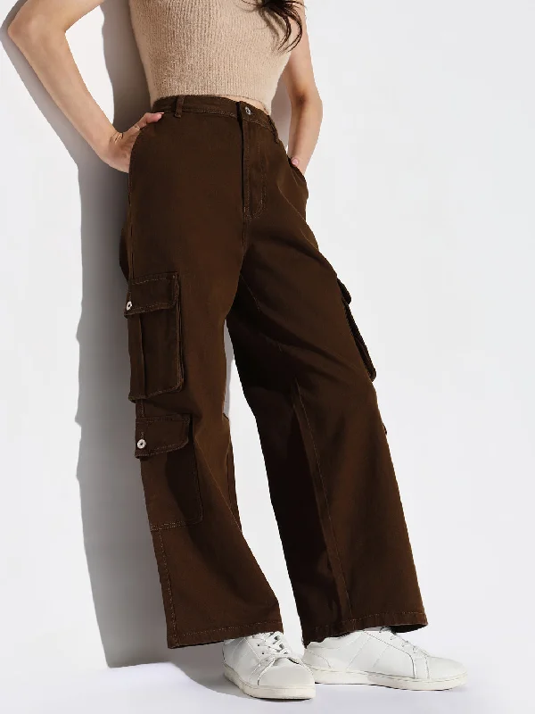 Relaxed Fit Women Brown Wide Leg Cargo Jeans