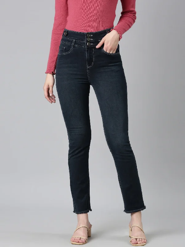 Simple And Comfortable Women Navy Blue Solid Straight Fit Denim Jeans