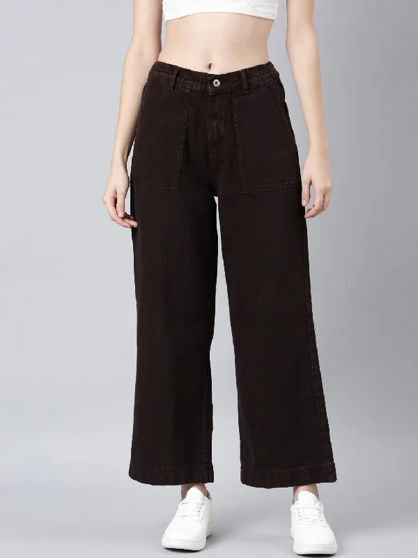 Exquisite Tailoring Women Coffee Brown Solid Wide Leg Denim Jeans