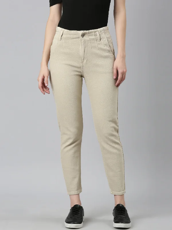 Soft Comfort Women Beige Solid Regular Fit Denim Jeans