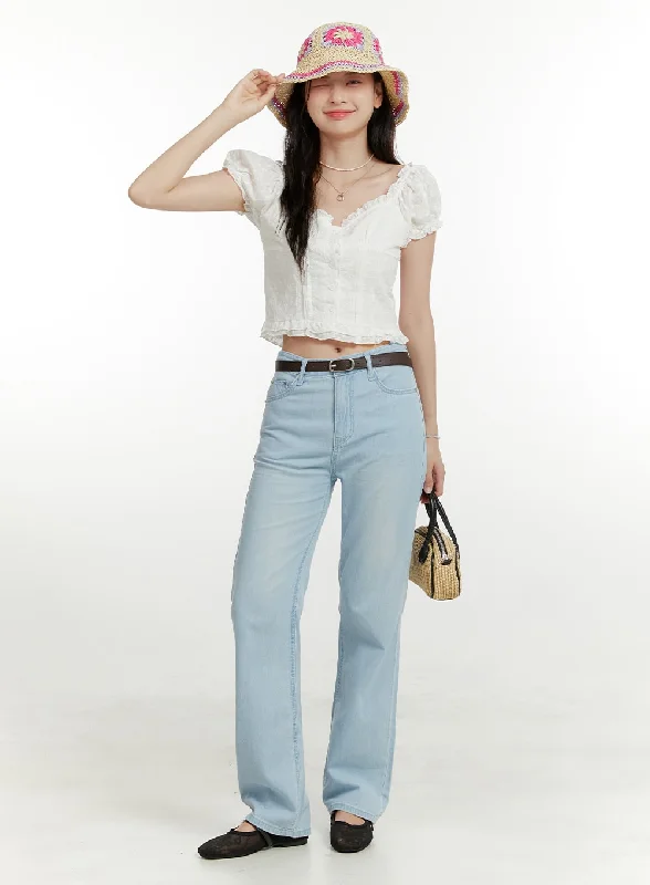 College Style Light Washed Straight Jeans OU418
