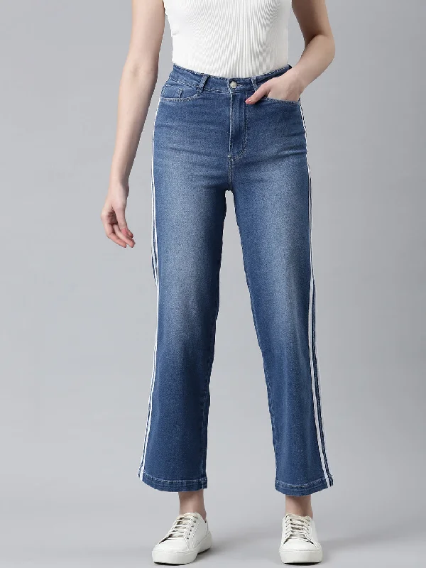Cool Style Women Blue Solid Wide Leg Denim Jeans
