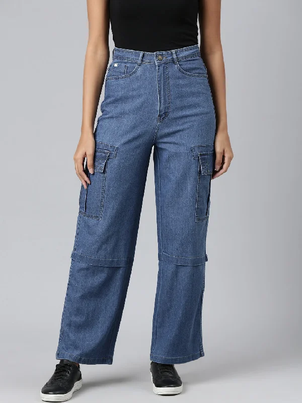 Cozy Layers Women Blue Solid Wide Leg Denim Jeans