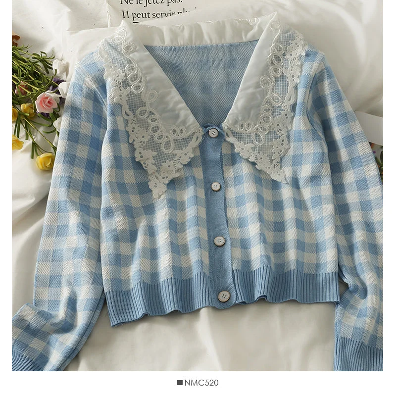 Trendy Items Contrast Lace Panel Lapel short slim cardigan  1864