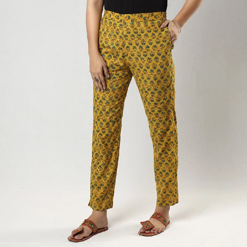 Personalized Design Yellow Ajrakh Block Printing Cotton Tapered Casual Pant for Women