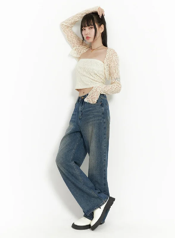Comfortable And Versatile Marine Denim Wide Leg Pants OO401
