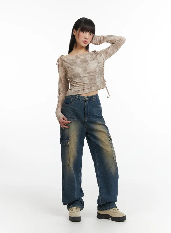Elegant And Simple Denim High Waist Wide Leg Pocket Cargo Jeans IJ411