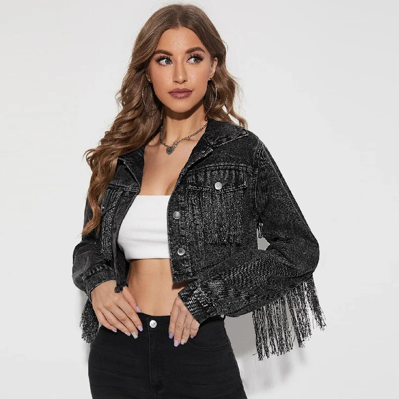 Unique Fashion Women's Fashionable Fringed Stitching Distressed Denim Jacket