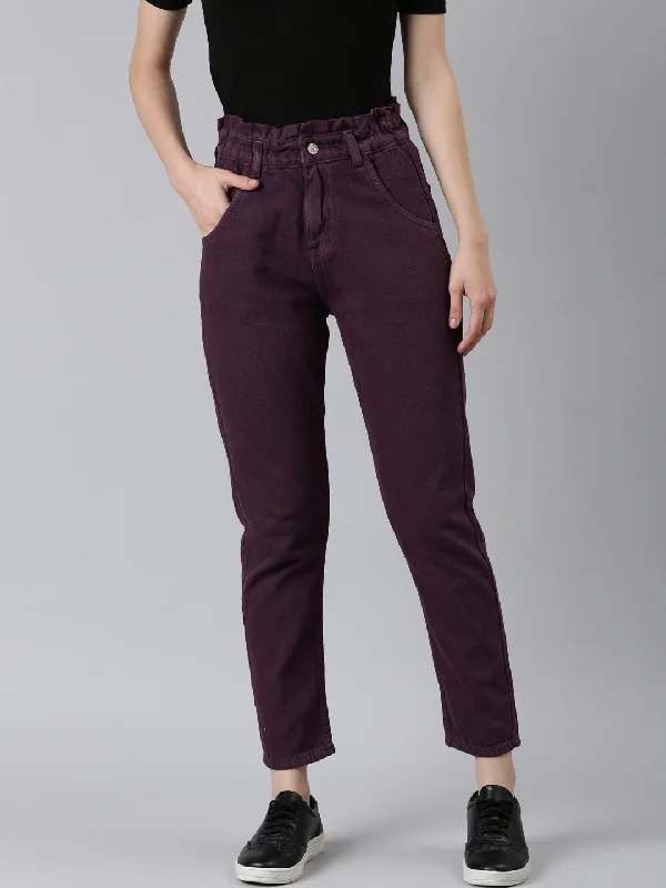 Printing decoration Women Purple Solid Regular Fit Denim Jeans