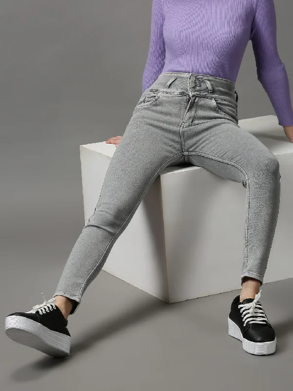Loose Fit Women's Grey Solid Skinny Fit Denim Jeans