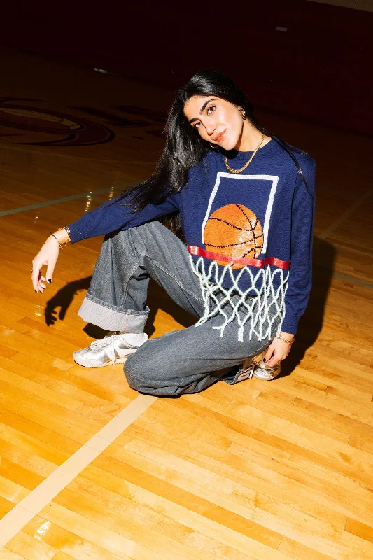 Design sense Navy Basketball Net Fringe Sweater