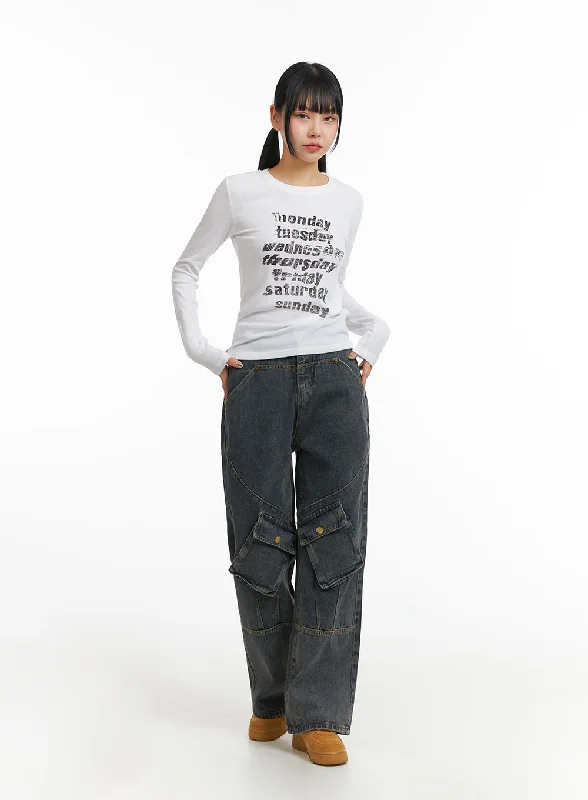 Simple Style Mid Waist Cargo Jeans CJ411
