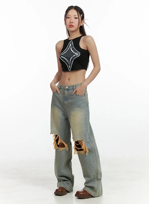 Exquisite Fabrics Washed Destroyed Denim Baggy Jeans OL408