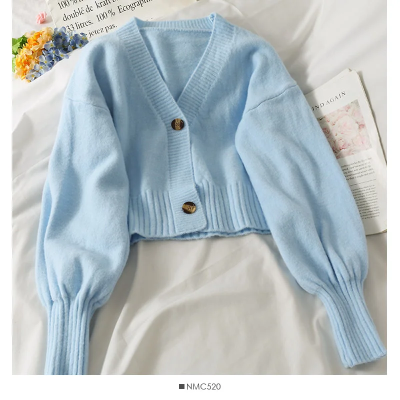 Comfortable Dresses Sweater female small short two button long sleeve sweater  1880