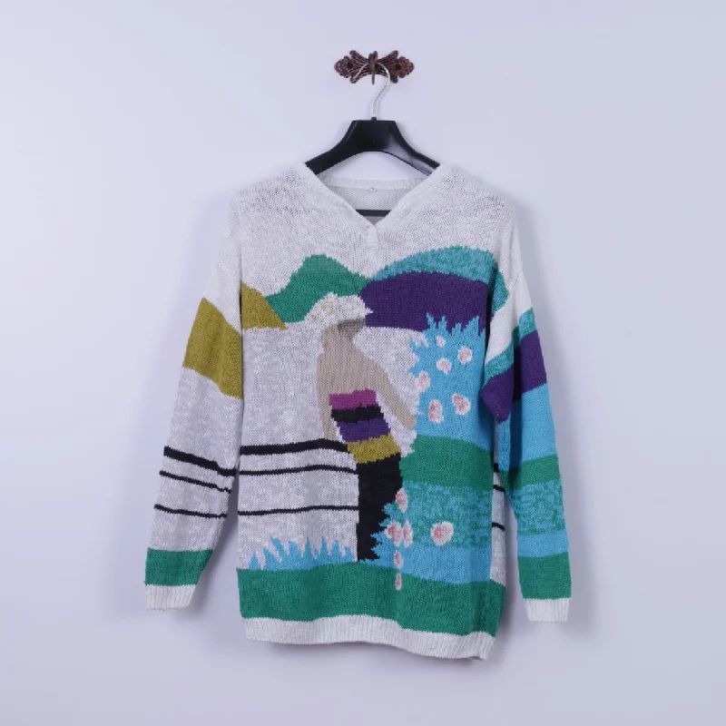 Modernism Vintage Womens 40/42 Jumper Beige Art Print Women Cotton Blend Sweater