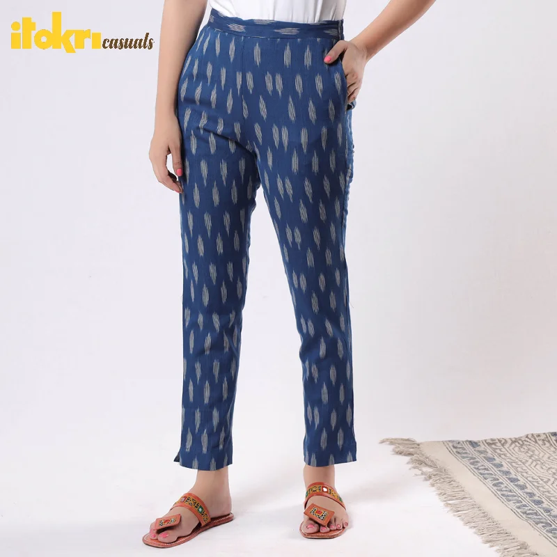 Fresh And Elegant Blue - iTokri Casuals - Pochampally Ikat Cotton Tapered Casual Pant for Women Fresh And Elegant Blue - iTokri Casuals - Pochampally Ikat Cotton Tapered Casual Pant for Women