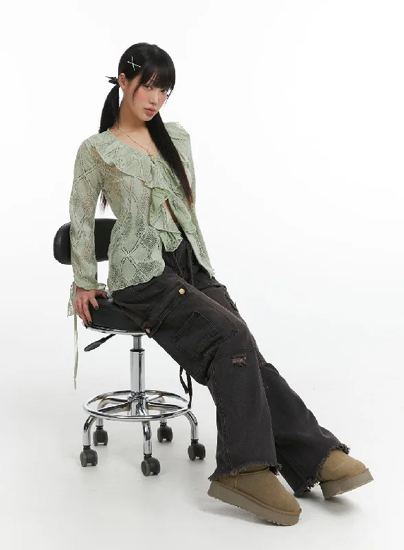 Casual Style Destroyed Cargo Wide Denim IJ411