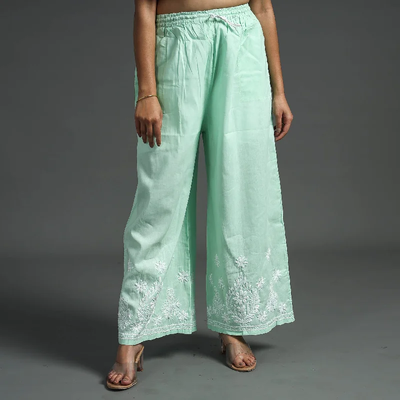Luxury And Elegant Green - Lucknow Chikankari Hand Embroidery Cotton Palazzo (Free Size)