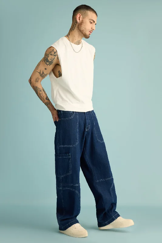 Fashionable sports Men's Ocean Contrast Seam Cargo Jeans