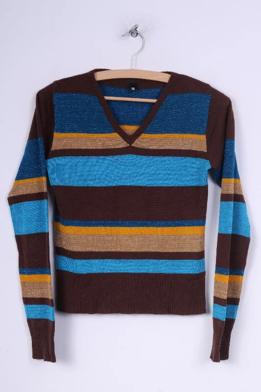 Fashionable sports H&M Divided Womens S Jumper Sweater V Neck Striped Brown /Blue Shiny