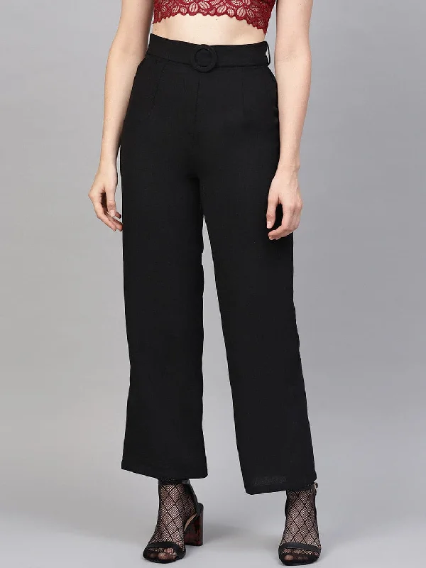 Comfortable And Versatile Black Flared Buckle Belted Pant