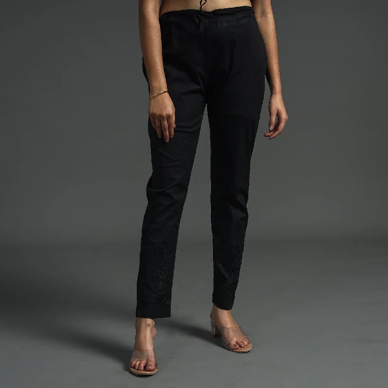 Exquisite Tailoring Black - Lucknow Chikankari Hand Embroidery Cotton Lycra Cropped Pant (Free Size)