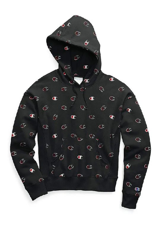 Elegant Wear Champion Reverse Weave Pull Over Women's Hoodie, All Over Print Tossed Logo Elegant Wear Champion Reverse Weave Pull Over Women's Hoodie, All Over Print Tossed Logo