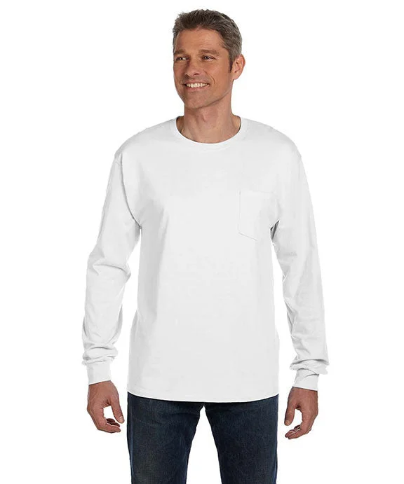 Economic Outlook 5596 - Hanes Mens Authentic-T Long-Sleeve Pocket T-Shirt | White