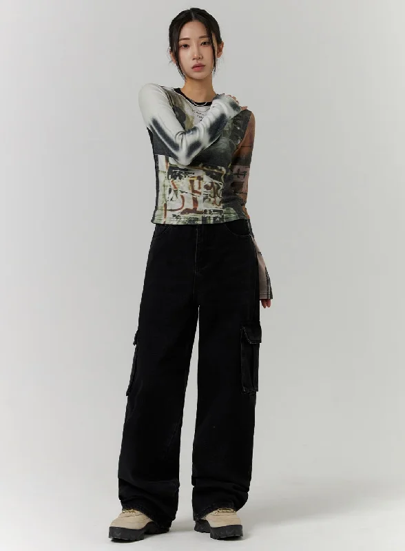Stretch Design Cargo Wide Leg Jeans CD312