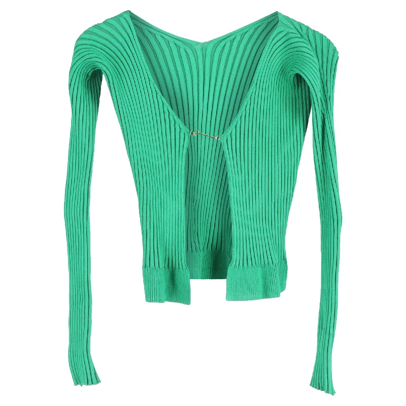 Practical Style Jacquemus Pralù Cropped Embellished Ribbed-knit Cardigan In Green Viscose Practical Style Jacquemus Pralù Cropped Embellished Ribbed-knit Cardigan In Green Viscose