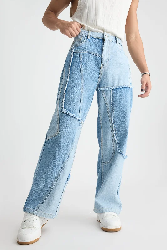 Street Casual Style Light Blue Patchwork Straight Men's Jeans