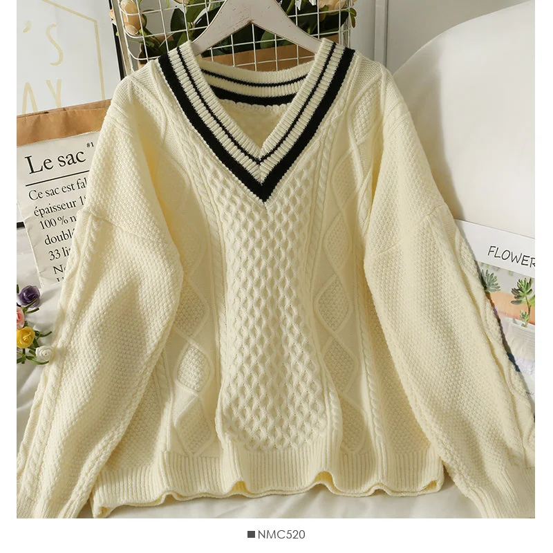 Unique Design Sweater female diamond check loose thin sweater Korean V-neck  1863
