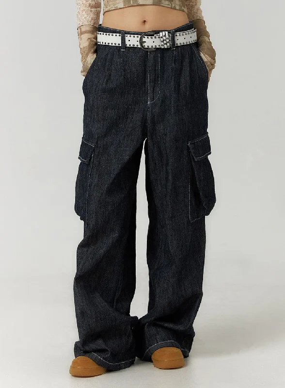 Noble Temperament Denim Cargo Wide Leg Jeans CF407