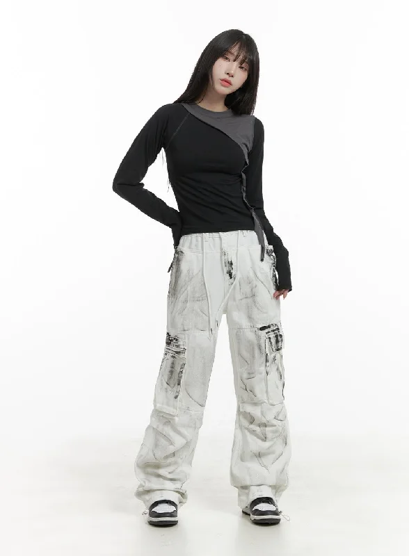 Hip-hop Style Wide Fit Pintuck String Cargo Pants CA426
