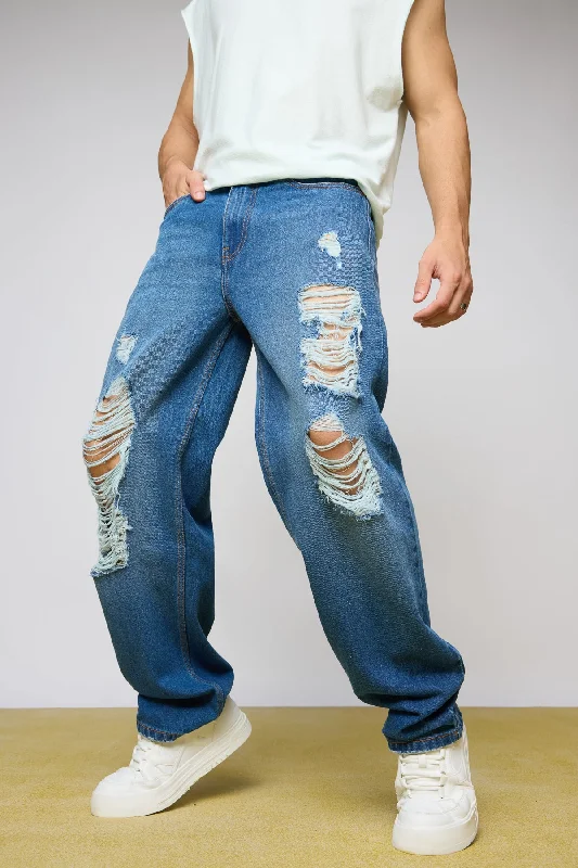 Timeless Comfort Blue Raw Distressed Men's Slouchy Jeans
