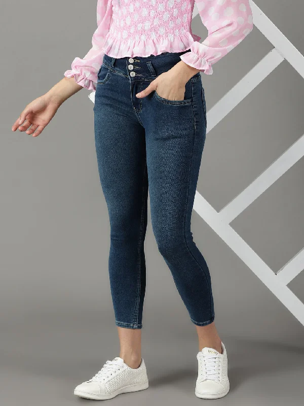 Warm Winter Series Women's Navy Blue Solid Slim Fit Denim Jeans