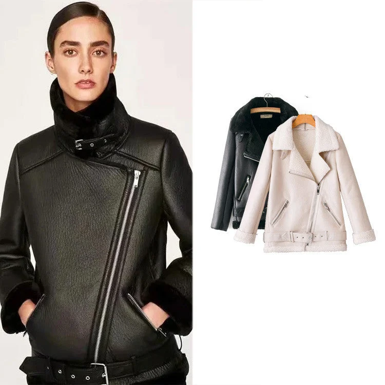 Trendy And Casual Casual Simple Oblique Zipper PU Plus Velvet Jacket