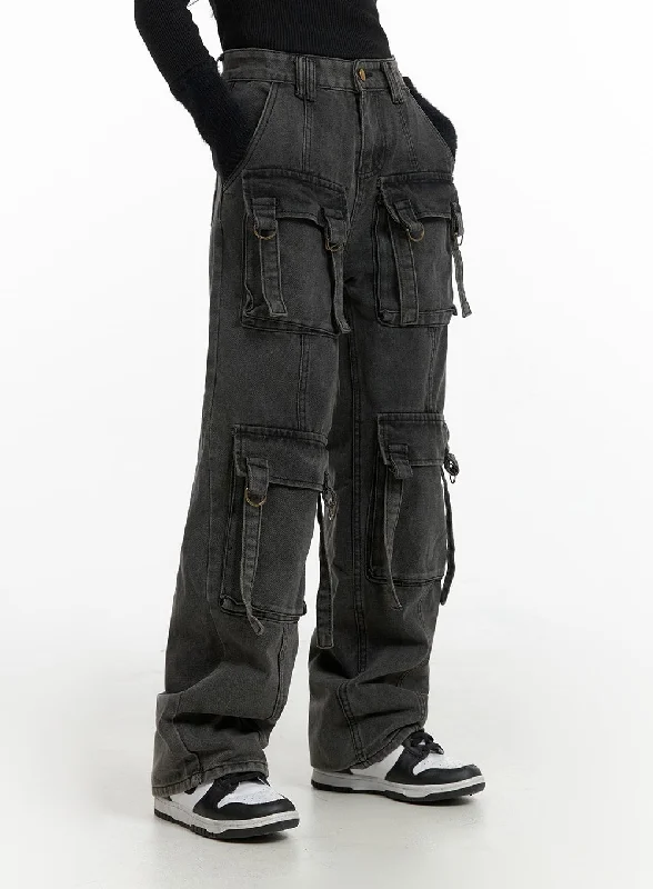 Customized Version Wide-Leg Washed Cargo Jeans CF415