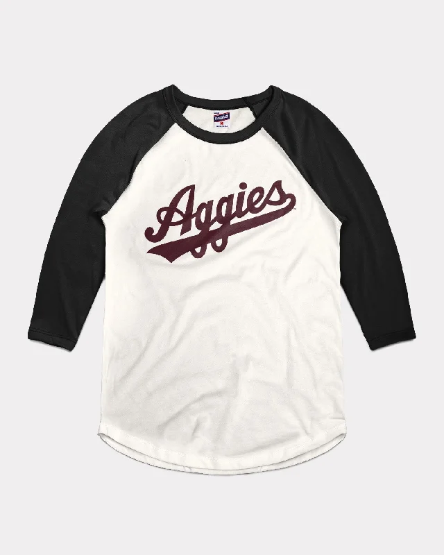 Sports Functional Style Aggies Baseball Script White & Black Raglan