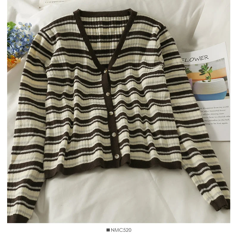 High-quality Design Striped single breasted V-neck cardigan thin top women  1892